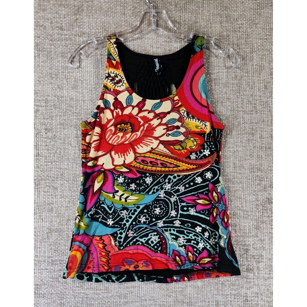 Desigual Bold Floral Tank Top with Metal Flowers Womens S Artsy Boho Stretch
